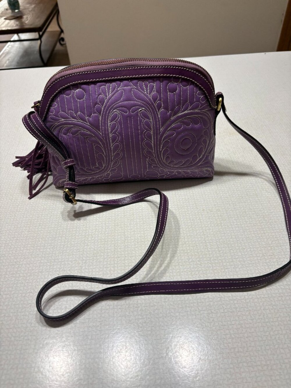 NWOT Beautifully Embroidered Leather Firenze Bella Purple & Brown Crossbody